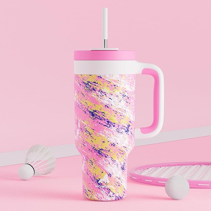 POWCAN 40 oz Tumbler with Handle, 2-in-1 Straw and Sip Lid, Leakproof, Dishwasher Safe, Insulated Stainless Steel Travel Coffee Mug, Keeps Cold for 34 Hours, Fits in Car Cup Holder (Pink Ladies)