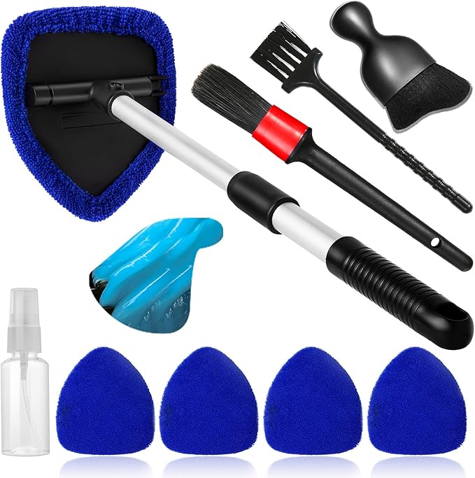 10pcs Windshield Cleaner Tool, Car Window Cleaning Wash Kit with 4 Reusable Microfiber Pads 1 Spray Bottle and Extendable Handle Auto Glass Wiper Kit, Blue