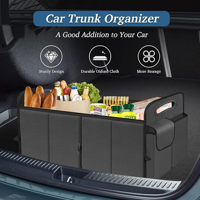 Trunk Organizer, Collapsible Waterproof Multi-Compartment Trunk Organizer for SUVs & Sedans, Car Storage with Reinforced Handles, Car Accessories for Women and Men, 52L