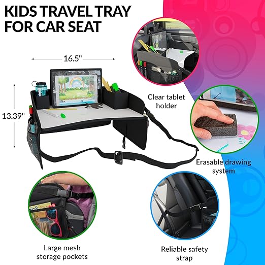 Kids Travel Tray for Kids Car Seat. Toddler Car Seat Tray Table with 6 Compartments and Tablet Stand. Foldable Toddler Table for Travel. Folding Portable Desk. Compact Road Trip Essentials