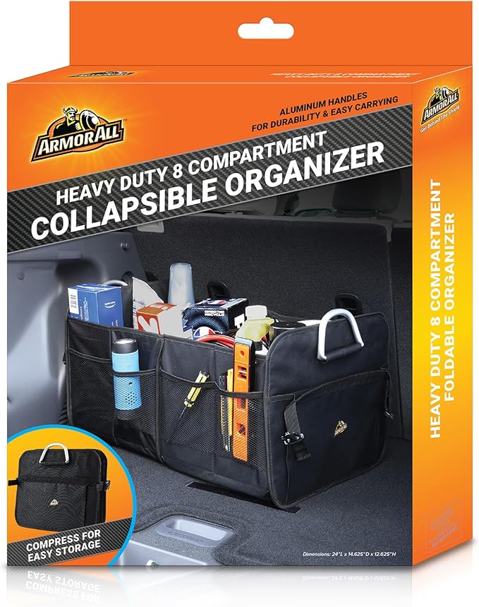 Armor All Car Trunk Organizer, Collapsible Multi-Compartment Car Organizers with Strong Aluminum Handles Foldable and Waterproof, Suitable for Any Car, SUV, Mini-Van, Black