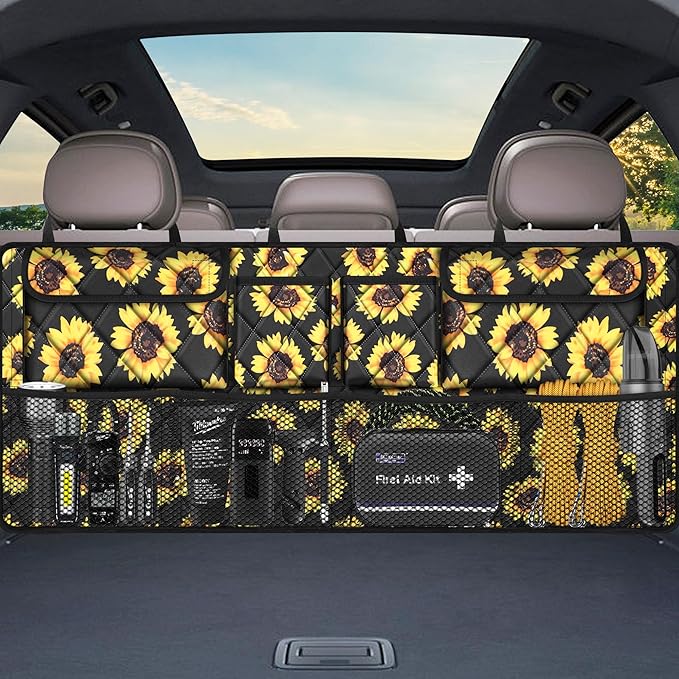 Femuar Car Trunk Organizer,Large Capacity Backseat Organizer(42 in*18 in),Collapsible Storage Bag with 8 Pocekt,Car Organizer for SUV/MPV/Truck - Sunflower TLAG-0114