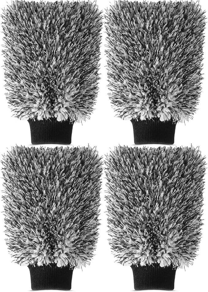 4 Pack Microfiber Car Wash Mitts Set 10x7 Inch Soft Suede Lining Car Wash Gloves, Highly Absorbent Scratch-Free Cleaning Cloths for Auto Detailing, Safe with All Soaps, Bucket(Black)