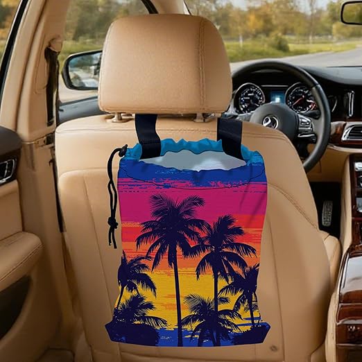 Tropical Palm Trees Car Trash Bag,Beach Sunset Strap Drawstring Car Garbage Bags,Car Back Seat Organizer with Adjustable Buckle for Car Accessories