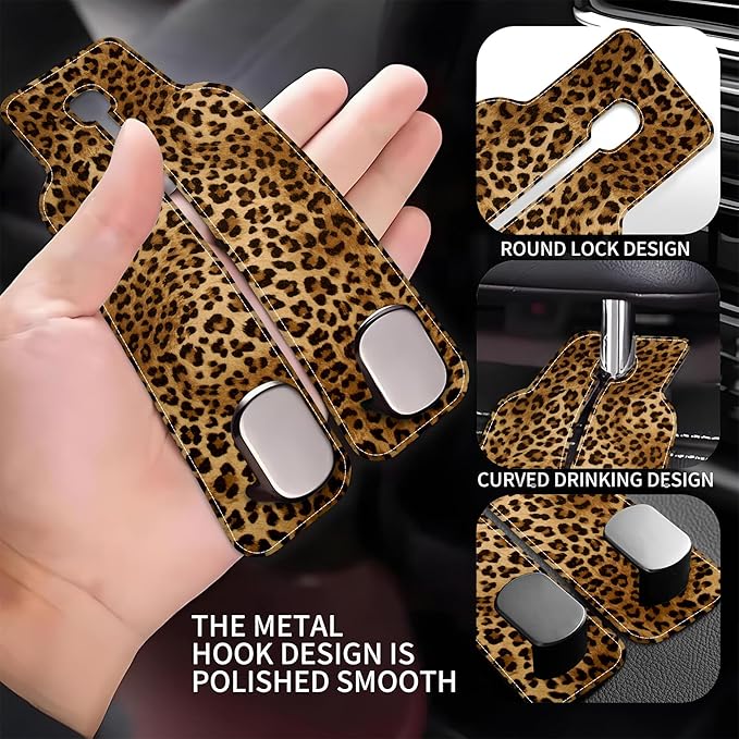 1 Pack Car Seat Headrest Hooks for Purses and Bags Abstract Brown and Black Leopard Bag Purse Holder for Car with Double Metal Hooks Car Purse Hanger Hanging Accessories