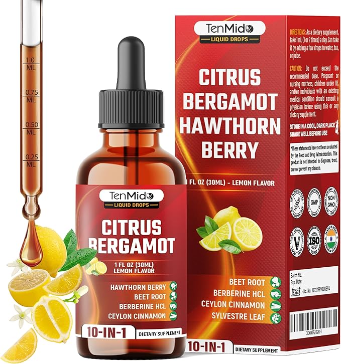 10in1 Citrus Bergamot Liquid Drops with Hawthorn Berry, Beet Root, Berberine HCl, Ceylon Cinnamon, Sylvestre, Turmeric Curcumin, Garlic, Ginger, and Dandelion - 30ml 1 Fl Oz