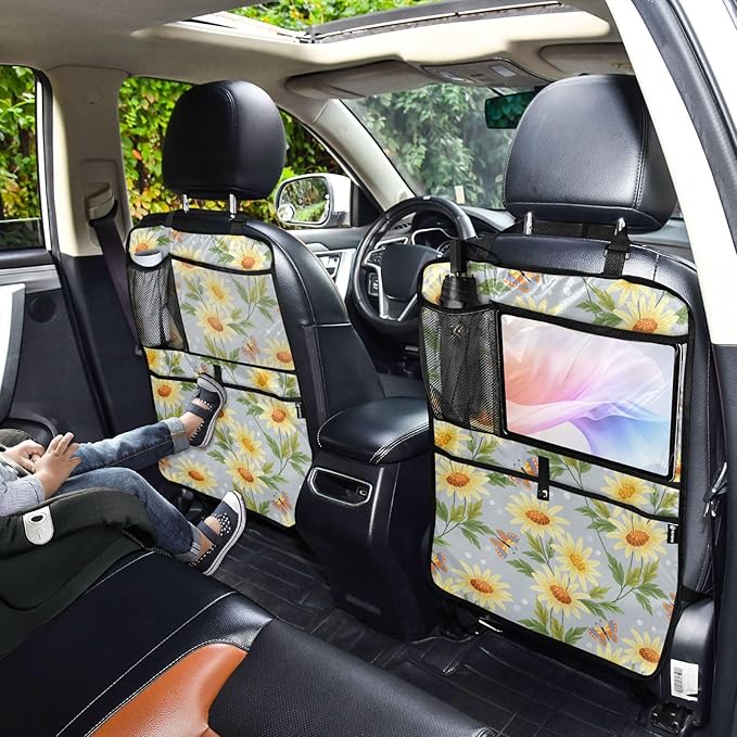 2 Pack Backseat Car Organizer with Storage Pockets Seat Back Organizers for Kids Kick Mats Backseat Protector Automotive Yellow Sunflowers