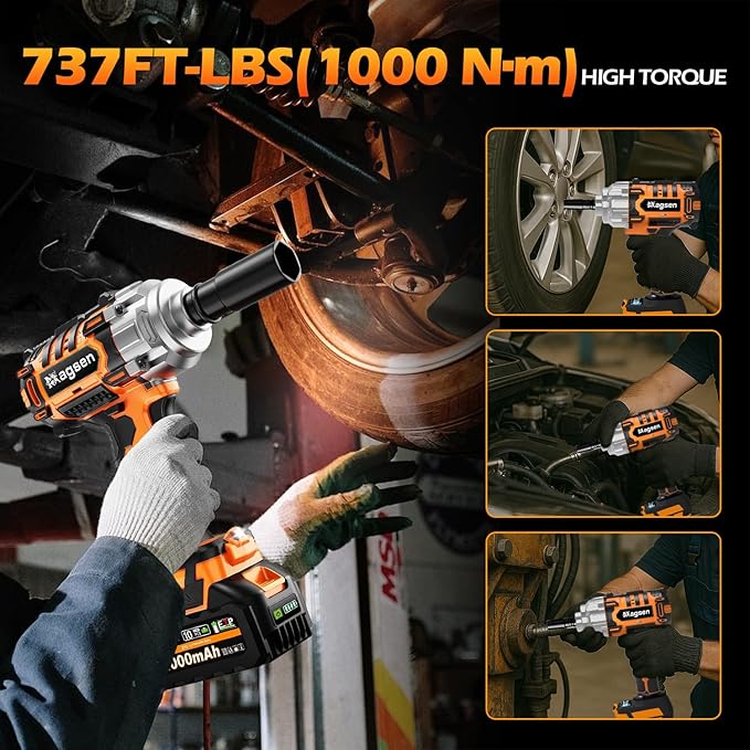 1000N.m/737Ft-lbs Brushless Impact Wrench,1/2" Cordless Impact Gun / 2x4.0Ah Battery & 6 Sockets, 3500RPM Power Electric Impact Driver for Car/DIY Furniture/Lawn Mower, Orange Toolbox