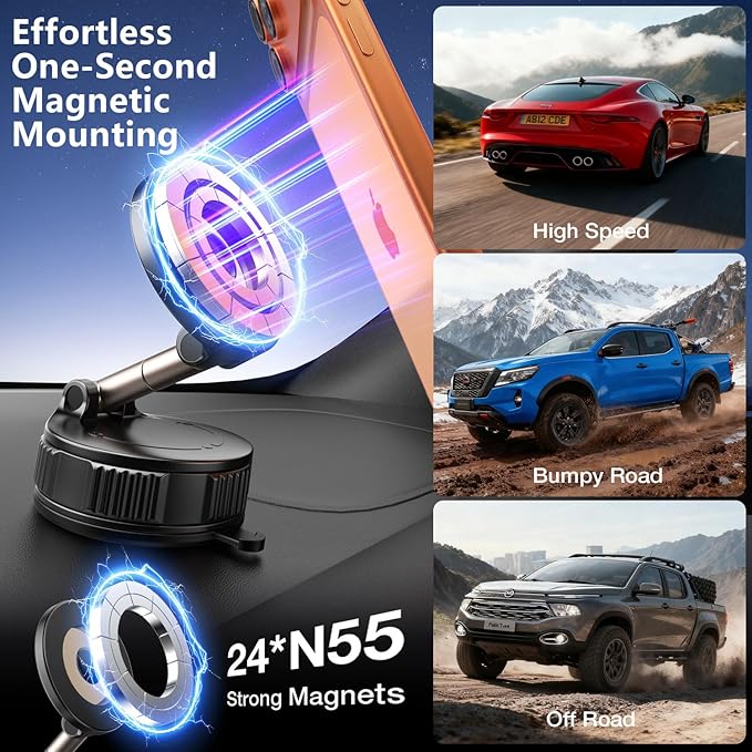 Vooii Car Phone Holder for Magsafe (130+LB Strongest Ever Suction & 3000gf Magnetic) (360° One Hand Adjustable) Car Phone Mount, Phone Holders for Your Car for iPhone 17 Pro Max 16 15 14 13 12 Plus