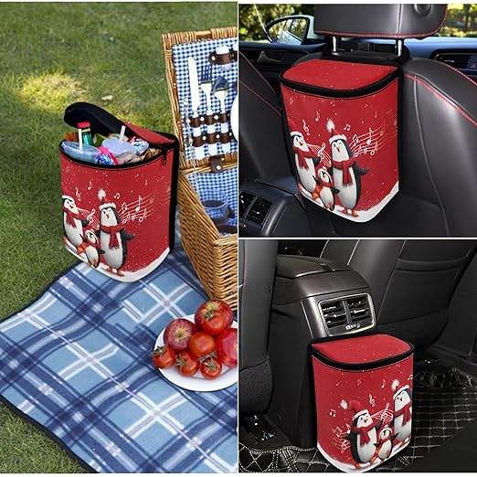 1.2 Gallons Car Trash Cans, Christmas Penguins Car Trash Can Small, Adjustable Hanging for Tail of Console/Back of Seat, Odor-Free with Zipper Leak-Proof Lid Design, Mini Size for Convenience