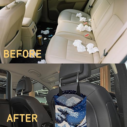 Great Sea Wave Car Garbage Bag, Small Car Trash Bag Hanging Back of Seat,Drawstring Car Trash Bag with Adjustable Buckle,Car Accessories for Camping Travelling