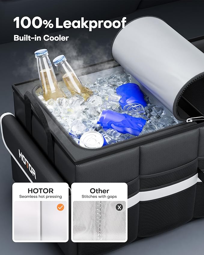 HOTOR Trunk Organizer - Car Organizer with Built-In Leakproof Car Cooler, Collapsible Trunk Organizer with Cooler for SUV, Sedan, with Base Panel (3 Compartments, Black), 35.4"×14.2"×10.6"