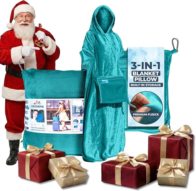 3-in-1 Travel Blanket Airplane – Compact with Bag & Pillow Combo Set, Ultra-Soft Fleece | Packable Blanket Compact | Hidden Pocket | Trolley Sleeve | Carabiner | Travel Essentials (Aqua Teal)