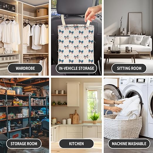 Cute Car Trash Can, Hanging Canvas Car Back Seat Organizer and Storage Bag, Funny Car Trash Bag For Travelling, Outdoor American Patriotic Bow