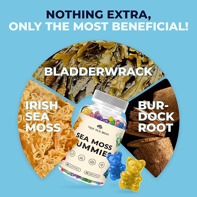 TrueSeaMoss Irish Sea Moss Gummies with Burdock Root & Bladderwrack – Formula for Adults & Kids – 60 Gummies
