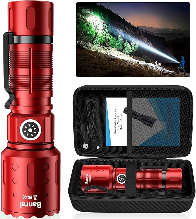 Banral Flashlights High Lumens Rechargeable, Super Bright Long Range Small Powerful Flashlight, 6 Modes LED Tactical Pocket Waterproof Flash Light for Home Emergency (1, Red)
