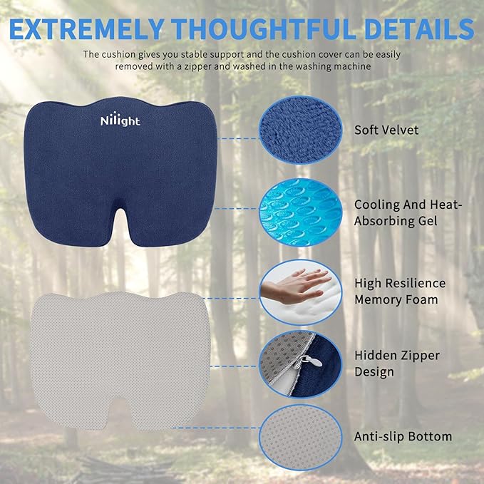 Nilight Car Seat Cushion Blue Velvet Gel Memory Foam Seats Soft and Comfortable Suitable for Daily Life and Driving Relieves Sciatica and Tailbone Pain Improves Drive Vision