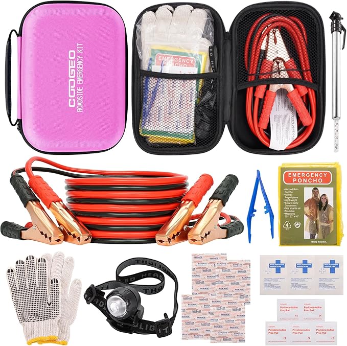 Car Roadside Emergency Kit with Battery Jumper Cables,Car Accessories for Men or Women,Automotive Safety Kit for Car,Vehicle, Truck or SUV,Gifts for Men or Him, Pink