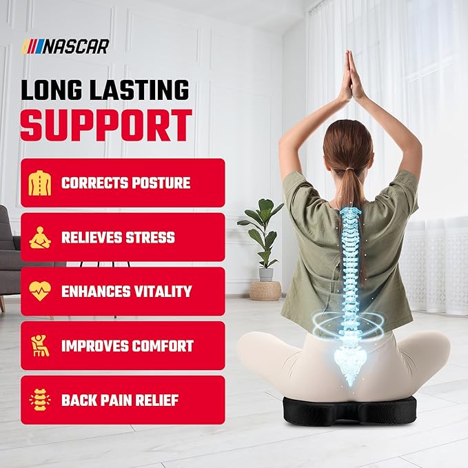 NASCAR Seat Cushion | Ergonomic U-Shape with Memory Foam for Tailbone, Sciatica, & Back Pain Relief | Breathable 3D Air Mesh Material w/Non-Slip Rubber Bottom | for Car, Office, Home, Travel | Black
