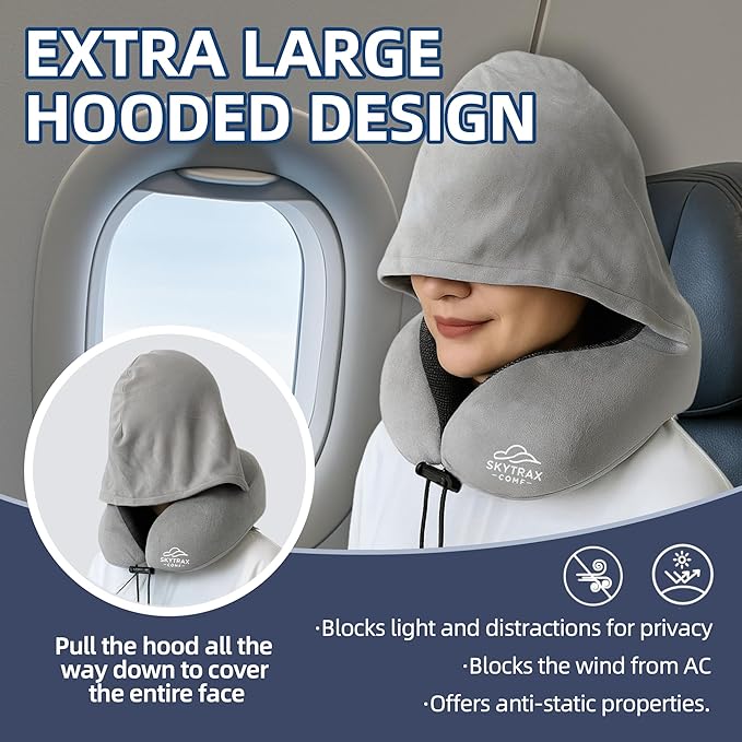 Travel Pillow with Extra Large Hood for Airplane Long Flights Privacy and Comfort Memory Foam with Velvet Cover for Road Trip Head&Neck Support for Plane Office Cars Sleeping & Rest (Light Grey)
