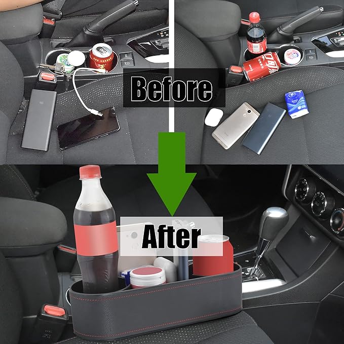 Car Cup Holder Expander Organizer,Multifunctional Cup Drink Holders with PU Leather Cover,Side Insert Center Console Seat Gap Filler Storage Box for Mug Bottle CellPhones Keys Coffee Coasters Cards