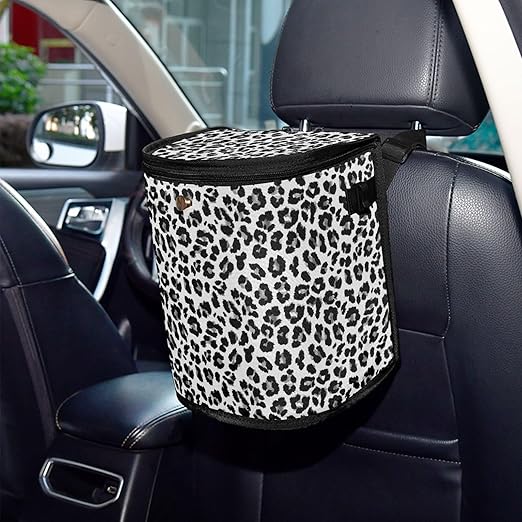 Bolaz Car Trash Can with Lid for Back Seat Car Trash Bin Hanging White Leopard Black Cheetah Leakproof Automotive Garbage Can Car Organizer