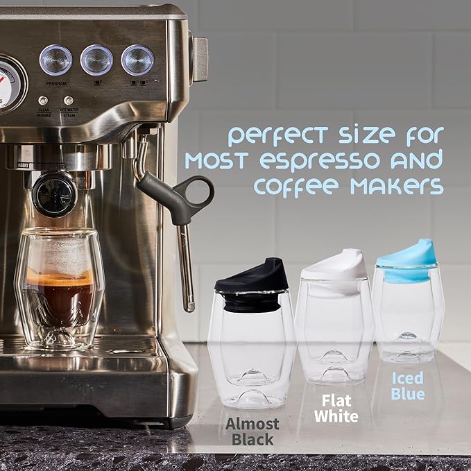 To-Go Espresso Glass Travel Mug with Lid, Reusable Double Wall Glass Tumbler, Fits Most Coffee Makers & Cupholders for Your Car, Gifts for Coffee Lovers, 4.5 oz Cortado Cup, Flat White