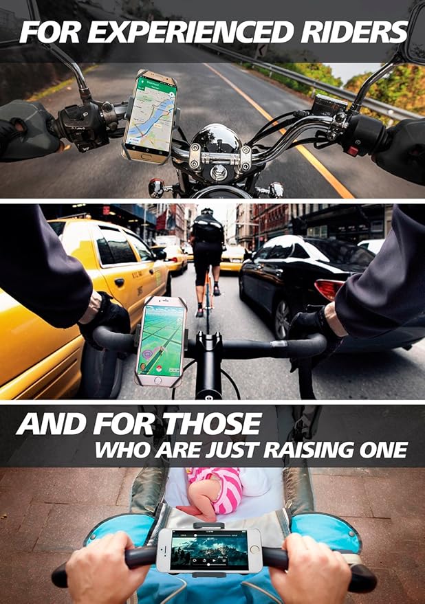 Bike & Motorcycle Phone Mount - For iPhone 16 (15, Xr, SE, Max/Plus), Galaxy S22 or any Cell Phone - Universal ATV, Mountain & Road Bicycle Handlebar Holder. +100 to Safeness & Comfort