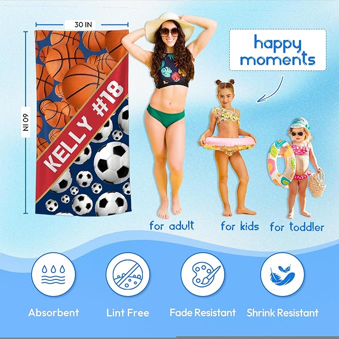 Personalized Beach Towel With Name, Custom Beach Towel with Text, Customized Basketball Football Microfiber Pool Towel, Quick Dry & Absorbent Swim Towel for Adult,Anniversary, Birthday, Summer Holiday