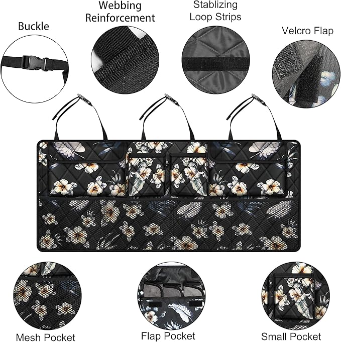 Femuar Car Trunk Organizer, Large Capacity Backseat Trunk Organizer (42"*18"), Collapsible Car Storage Bag with 8 Pockets - Hibiscus