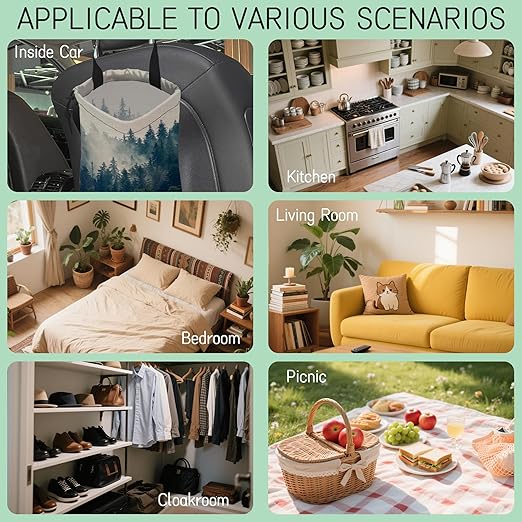 Misty Forest Car Trash Bag,Foggy Mountain Hanging Drawstring Car Garbage Bag,Waterproof Canvas Car Back Seat Organizer with Adjustable Buckle,for Vehicles,SUVs,Camping,Road Trips