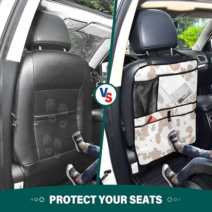 1 Pack Backseat Car Organizer with Storage Pockets Seat Back Organizers for Kids Kick Mats Backseat Protector Automotive Cow Print Brown