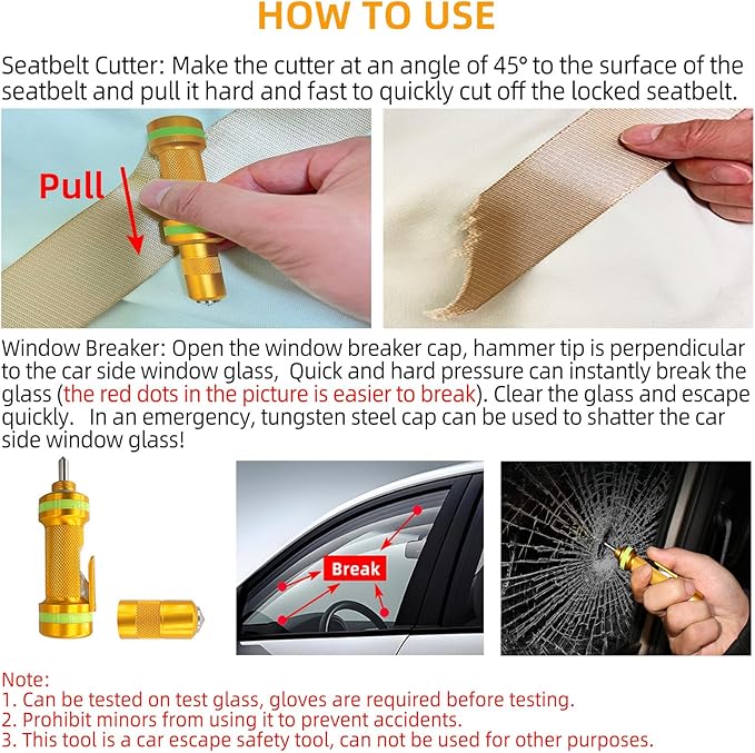 2-in-1 Window Breaker Seatbelt Cutter, Car Window Breaker Tool, Metal Glass Breaker - Extended Tungsten Steel Hammer Tip, Can Shatter Tempered & Laminated Glass (Orange, 1 PCS)