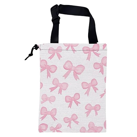 Car Trash Bag Pink Ribbon Bow Hanging Drawstring Car Organizer and Storage Bag with Adjustable Buckle Canvas Garbage Bin for Back Seat or Hanging Headrest Car Decor Road Trip Essentials