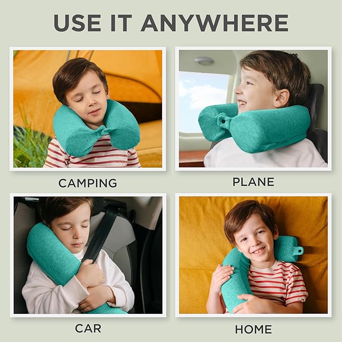 Dot&Dot Green Twist Memory Foam Kids Travel Pillow for Airplanes - Neck Pillows for Sleeping - Airplane Pillow for Neck Support, Chin, Lumbar, Leg - Adjustable Toddler Neck Pillow