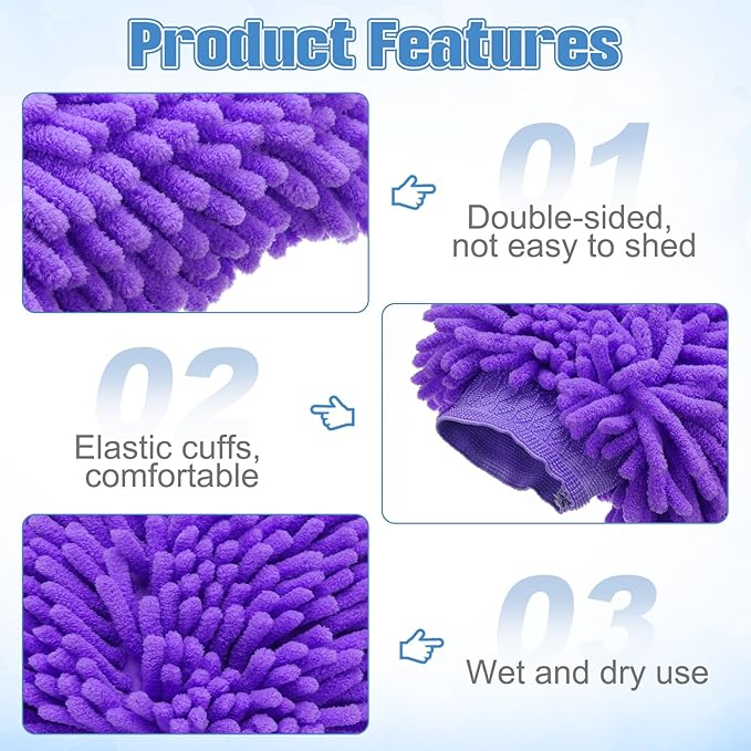 HARFINGTON Chenille Microfiber Car Wash Mitts 10" x 7.5" Scratch Free Wash Gloves Absorbent Double Sided Plush Cleaning Drying Mitts for Car Washing Home Clean Purple