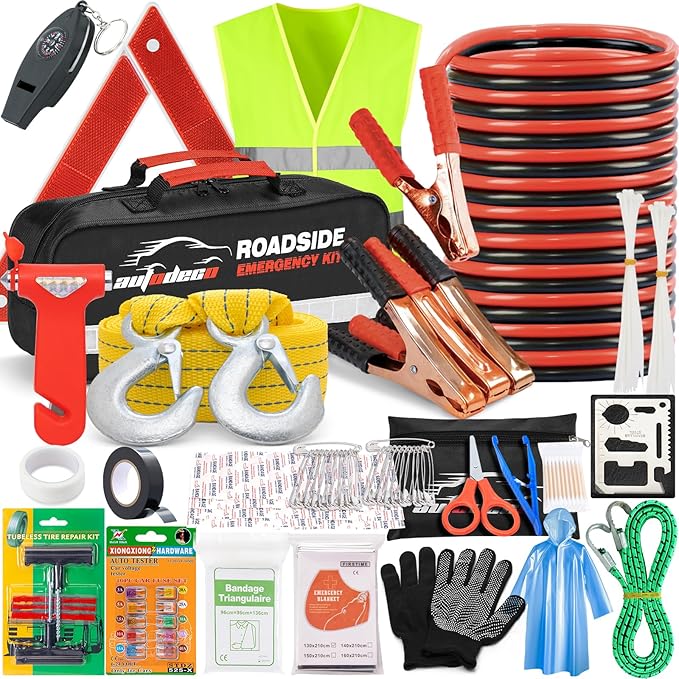AUTODECO Car Roadside Emergency Kit – Premium, with Jumper Cables, Tow Strap, etc