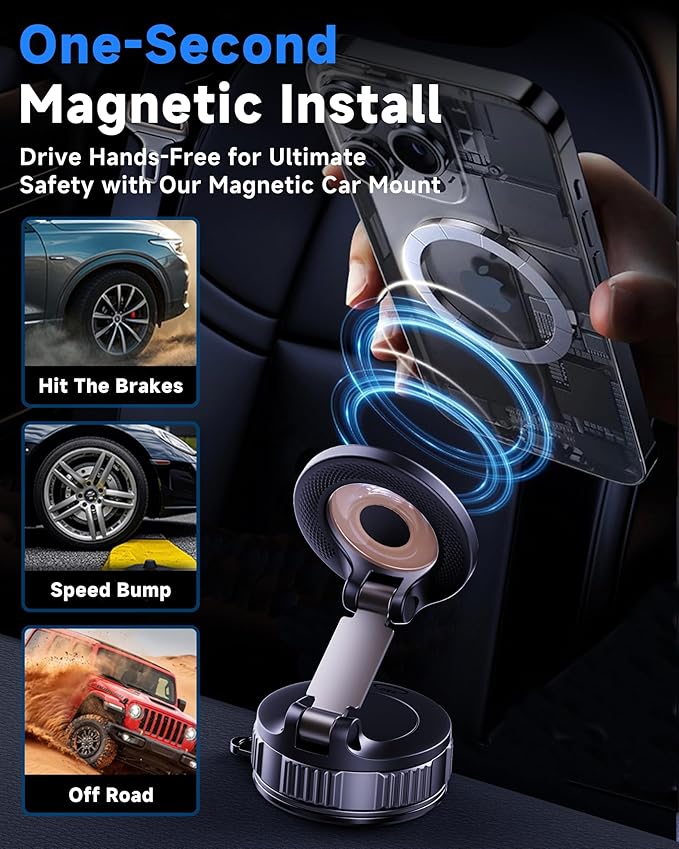 LOMONICA 2026 Upgraded Car Phone Holder for Magsafe [120+LBS Strongest Suction & 2800gf Magnetic] 360° Adjustable Car Phone Mount, Phone Holders for Your Car for iPhone 12-17 Pro Max Series & Samsung