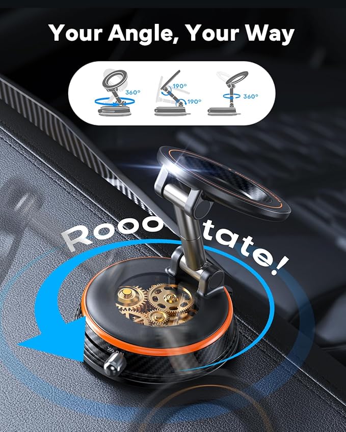 Car Phone Holder for Magsafe Car Mount [108+LBS Strongest Suction & 3000gf Magnetic] Vacuum Magnetic Phone Holders for Your Car 360° Adjustable Carbon Fiber Car Phone Mount for iPhone & Android Orange