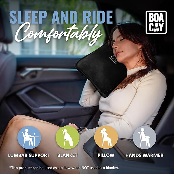 BOACAY Soft & Warm Travel Blanket for Airplane & Car - Long Flight Essential for Women, Men, Kids - Compact Pillow with Luggage Sleeve & Backpack Clip