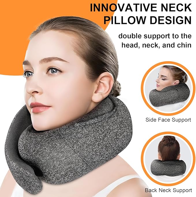 Travel Pillow - Hooded Neck Pillow Airplane Memory Foam Filling for Plane, Office, Cars Sleeping, Road Trip, Long Flights, Portable Plane Accessories, Includes Eye Mask & Earplugs (Dark Gray)