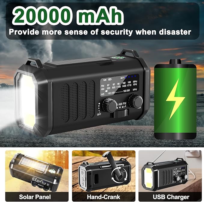 Gifts for Men Husband Dad Valentines Day, Emergency Hand Crank NOAA Weather Radio with Solar Charging 20000mAh Battery Built-in Flashlight, Reading Light & SOS Alarm for Anniversary Birthday Gifts