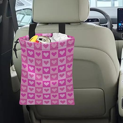 Car Trash Bag Hanging Pink Love Car Trash Can Waterproof Garbage Bag Hanging for Car Back Seat with Adjustable Straps and Drawstring for Car Accessories Vehicle Travelling