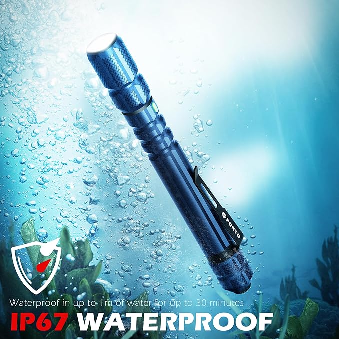 FORTO Rechargeable Pen Light Flashlight, 400 Lumens Small Pocket Flashlight with Clip, IP67 Waterproof, 2 Light Modes, 3-Color Battery Indicator, Type-C Charging, for Inspection,Emergency (Blue)