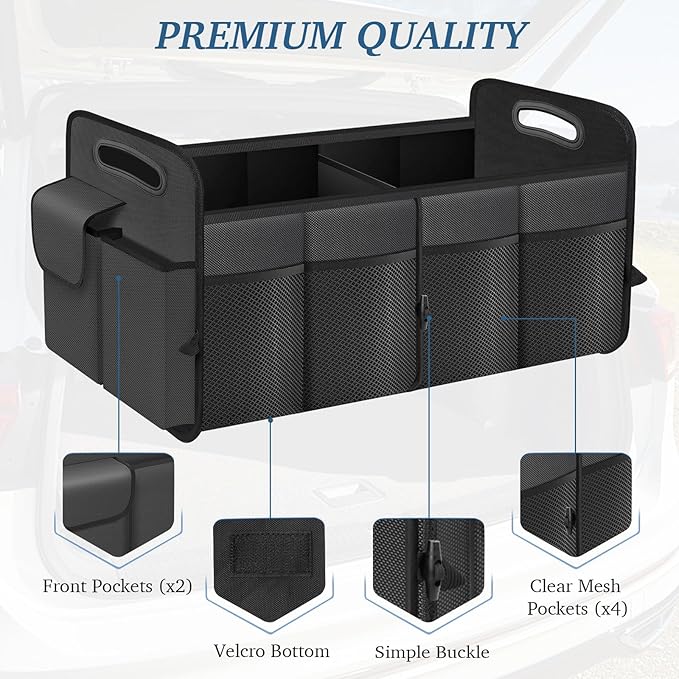 Trunk Organizer, Collapsible Waterproof Multi-Compartment Trunk Organizer for SUVs & Sedans, Car Storage with Reinforced Handles, Car Accessories for Women and Men, 52L