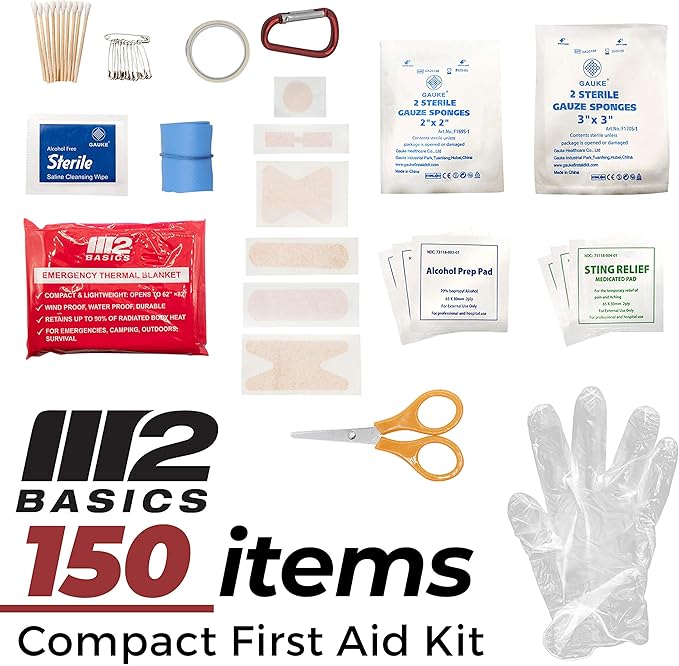 M2 BASICS Premium Compact First Aid Kit, 150 Pieces, Portable for Car, Travel, Vehicle, Hiking & Purse