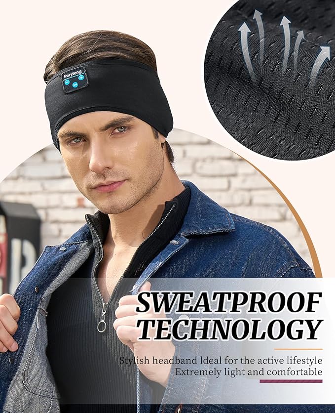 Perytong Sleep Headphones Wireless, Bluetooth Sports Headband Headphones with Ultra-Thin HD Stereo Speakers Perfect for Sleeping,Workout,Jogging,Yoga,Insomnia, Air Travel, Meditation (DeepBlack)