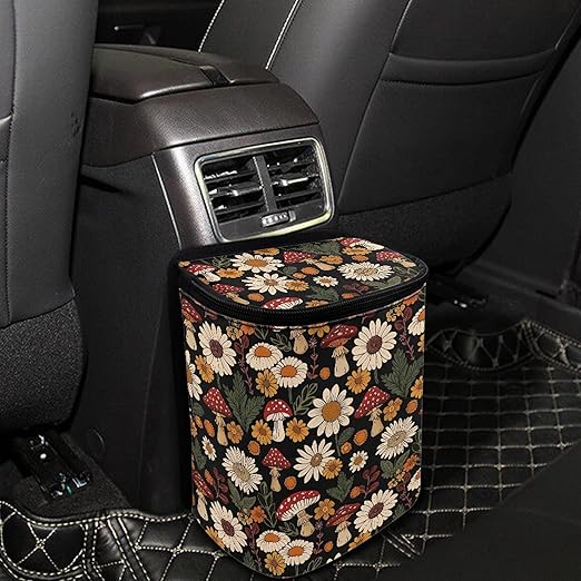 Aesthetic Mushroom Car Trash Can Bin Hanging Car Garbage Bag with Lid Daisy Trash Bin Auto Interior Accessories Universal Fit SUV Van Truck Sedan