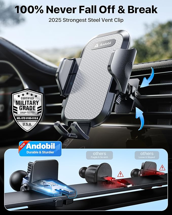 andobil Car Phone Holder Mount (Strong Suction&Bumpy Road Stable) Phone Holders for Your Car, Cell Phone Car Mount for Windshield Dash Vent Truck Cradle Stand for iPhone 17 16 15 14 Pro Max Grey