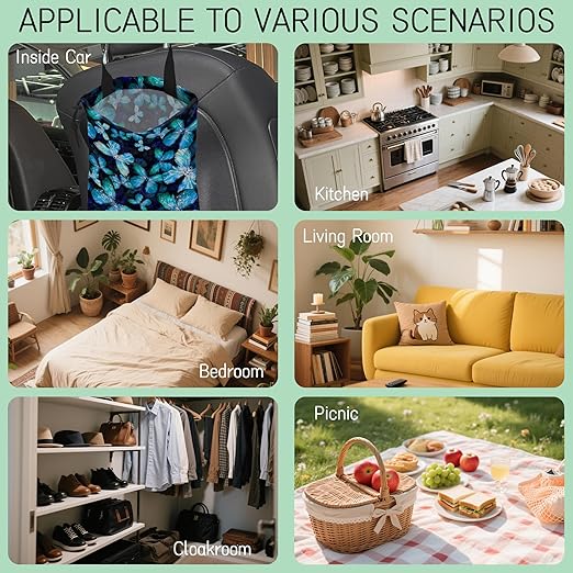 Blue Butterfly Car Trash Bag,Hanging Drawstring Car Garbage Bag,Waterproof Canvas Car Back Seat Organizer with Adjustable Buckle,for Vehicles,SUVs,Camping,Road Trips